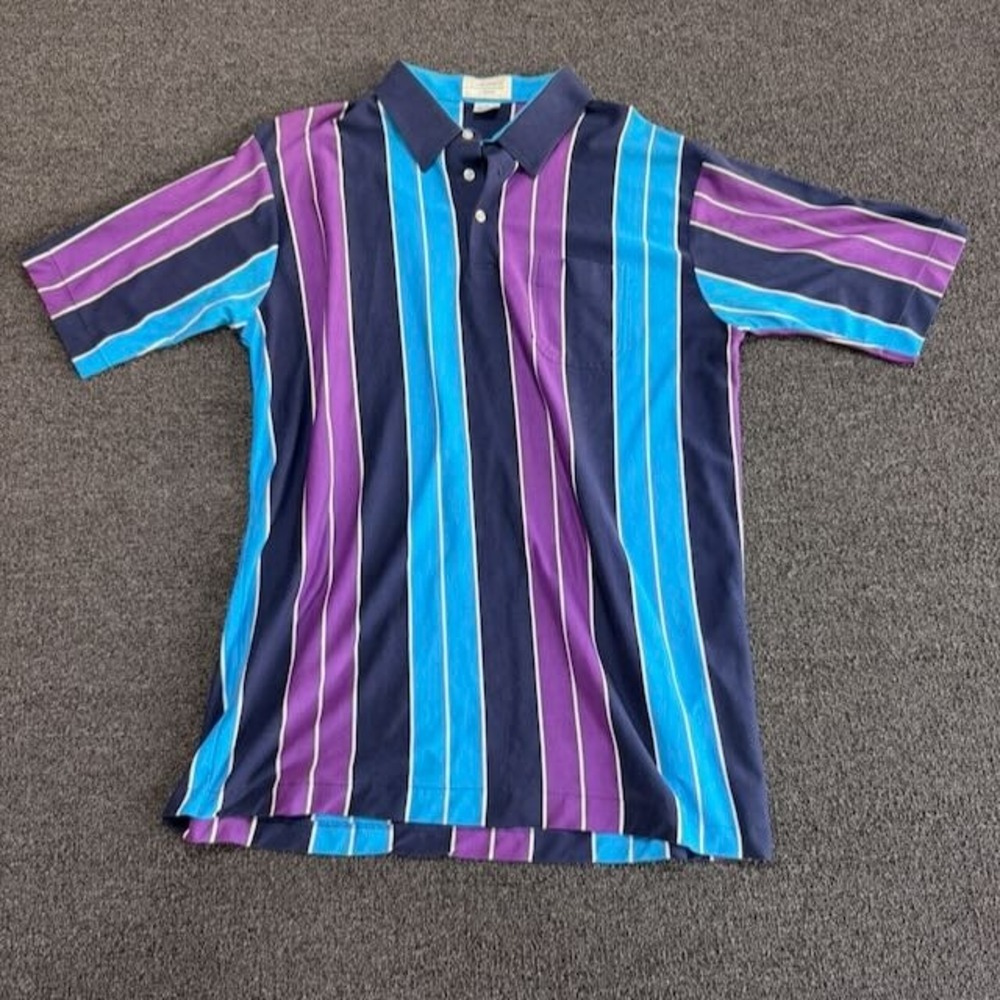 Vintage Tournament by Arrow Mens XL Striped Polo Shirt Purple Blue VTG Retro